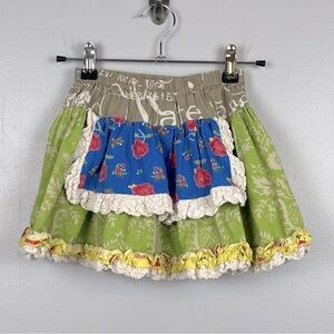 Mustard Pie 100% cotton elastic waist ruffle trim pinafore front skirt, size 5.